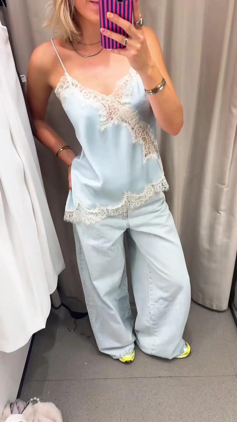 Customer photo review of Kara Asymmetric Satin Cami Top