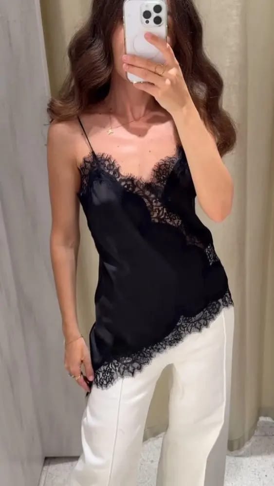 Customer photo review of Kara Asymmetric Satin Cami Top