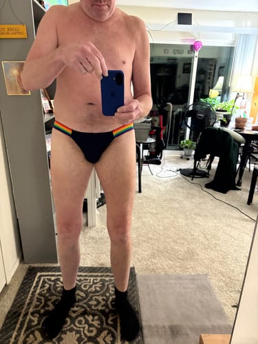 Customer photo review of Men's Sexy Rainbow Pride Mesh Bikini