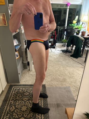 Customer photo review of Men's Sexy Rainbow Pride Mesh Bikini