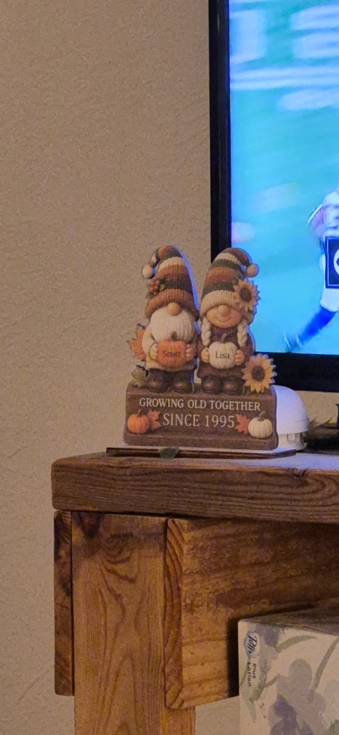 Customer photo review of Personalized "Growing Old Together" Gnome Plaque With Couple Names & Sunflowers Pumpkins Autumn's Warm Charm For Couple Gift For Grandparent
