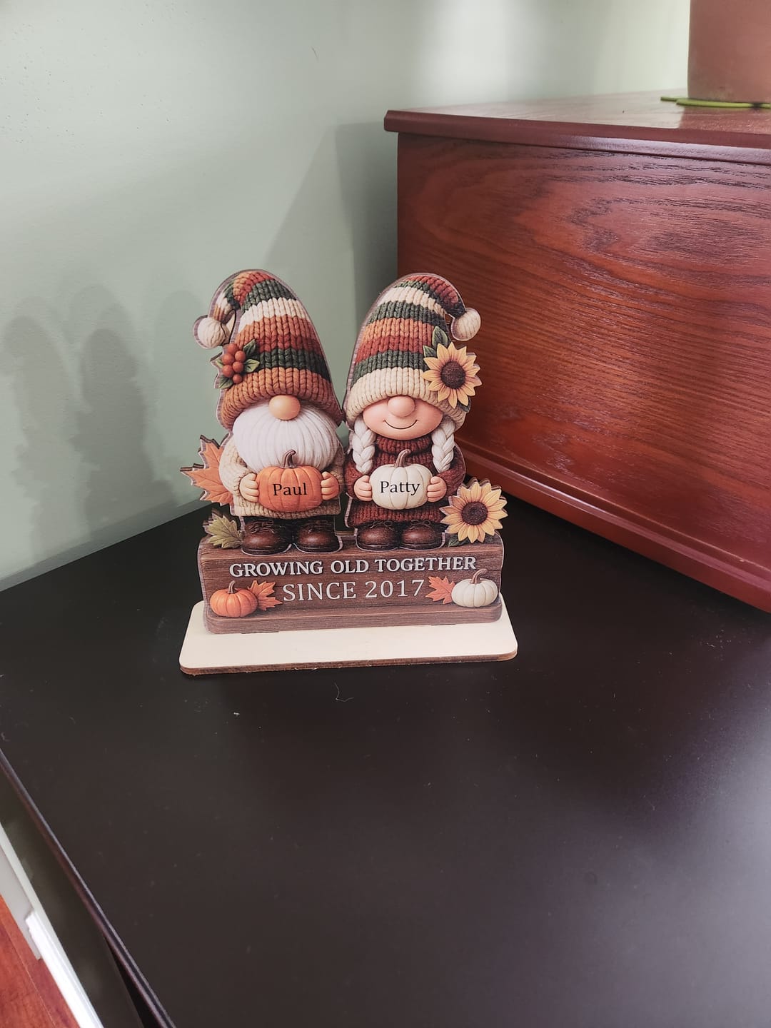 Customer photo review of Personalized "Growing Old Together" Gnome Plaque With Couple Names & Sunflowers Pumpkins Autumn's Warm Charm For Couple Gift For Grandparent