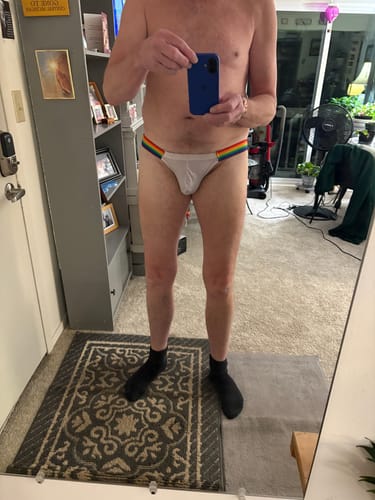Customer photo review of Men's Sexy Rainbow Pride Mesh Bikini