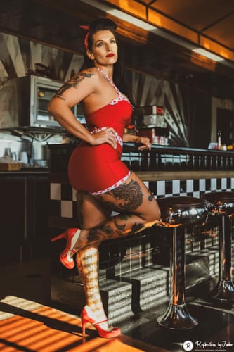 Customer photo review of [US Warehouse] 1940s Halter Patchwork One-piece Swimsuit