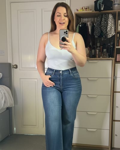 Customer photo review of Curve-Hugging Wide Leg – Mid Rise – Indigo