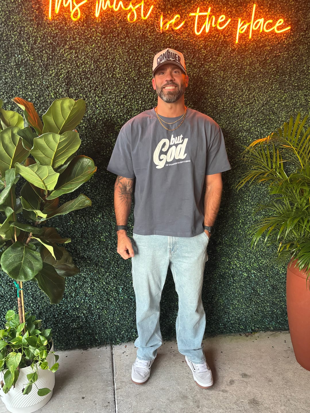 Customer photo review of But God Premium Hand-Stitched Tee