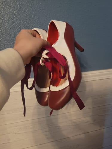 Customer photo review of Retro Wine Red Lace-Up Stiletto Shoes