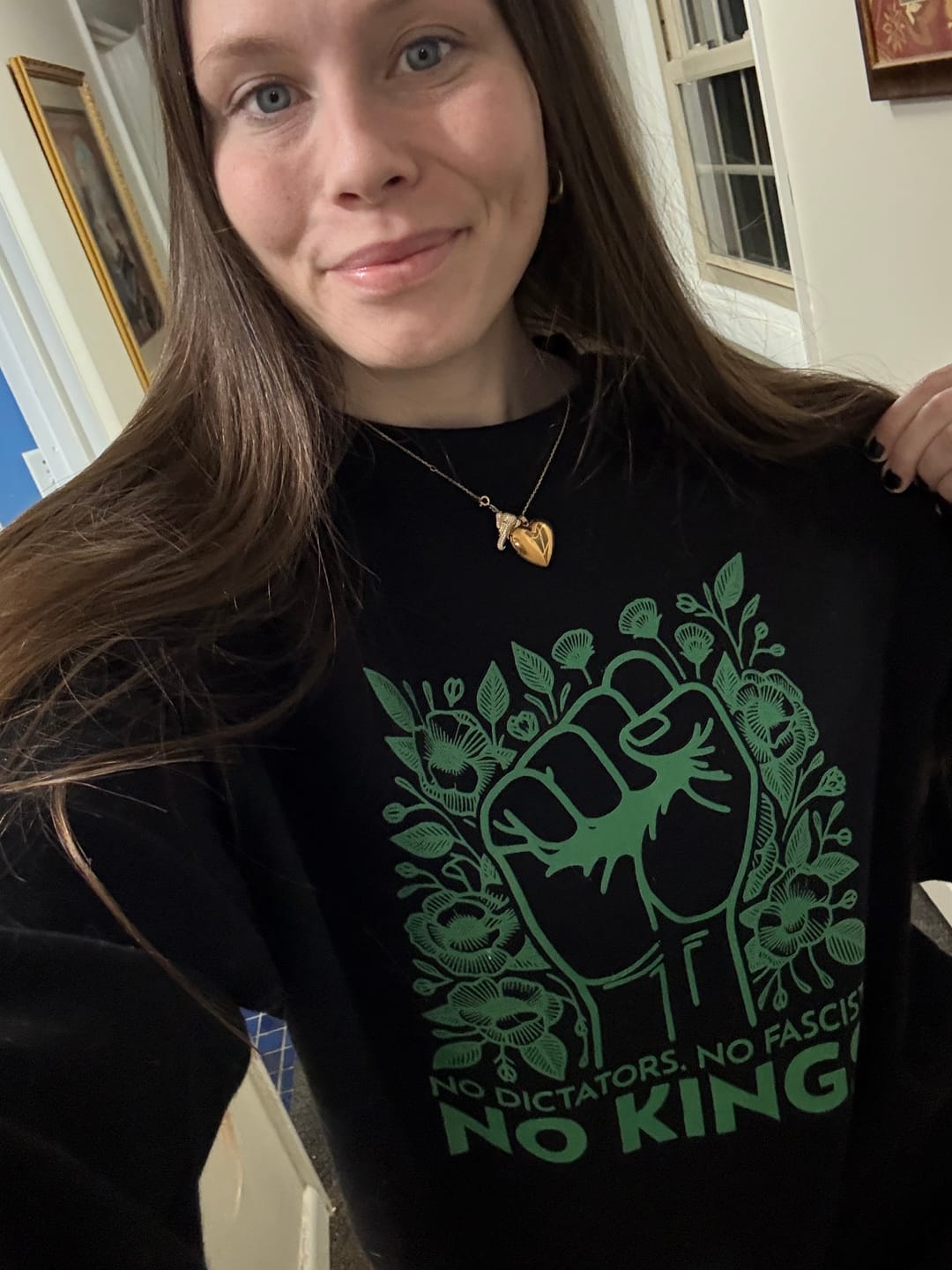Customer photo review of No Dictators. No Fascists. No Kings Premium Sweatshirt