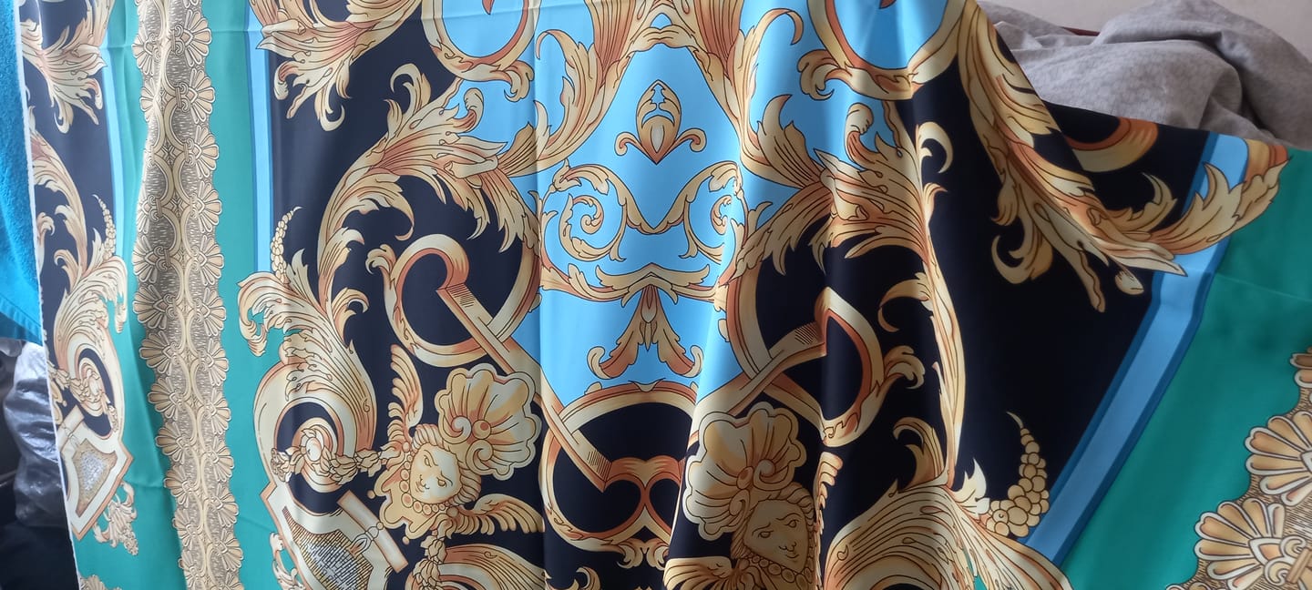 Customer photo review of Baroque Scroll Panel Blue Gold Black Fabric by the Metre