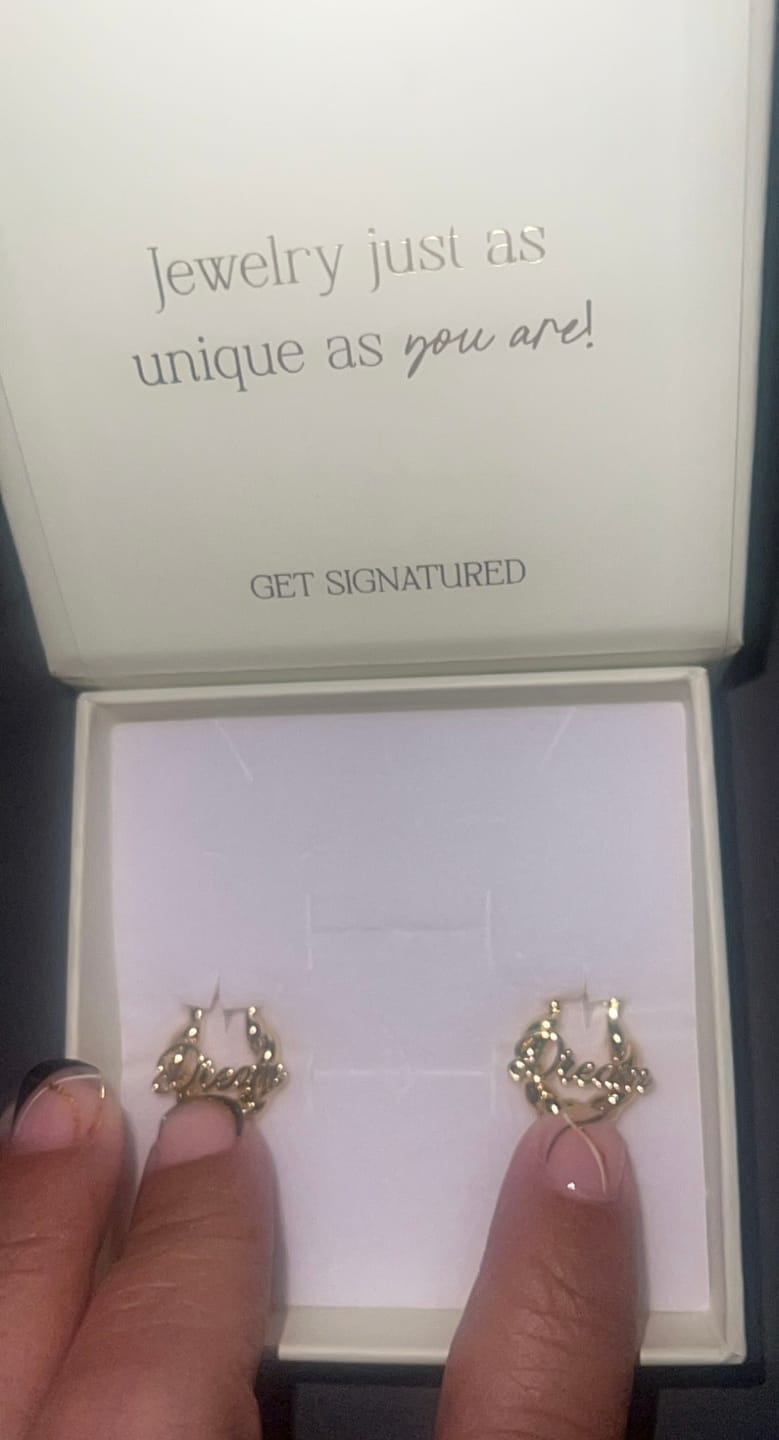 Customer photo review of Girl's Twisted Hoop Name Earrings