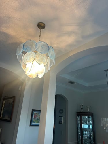 Customer photo review of Glam Blue Iridescent Swirl Glass Round Tiered Chandelier