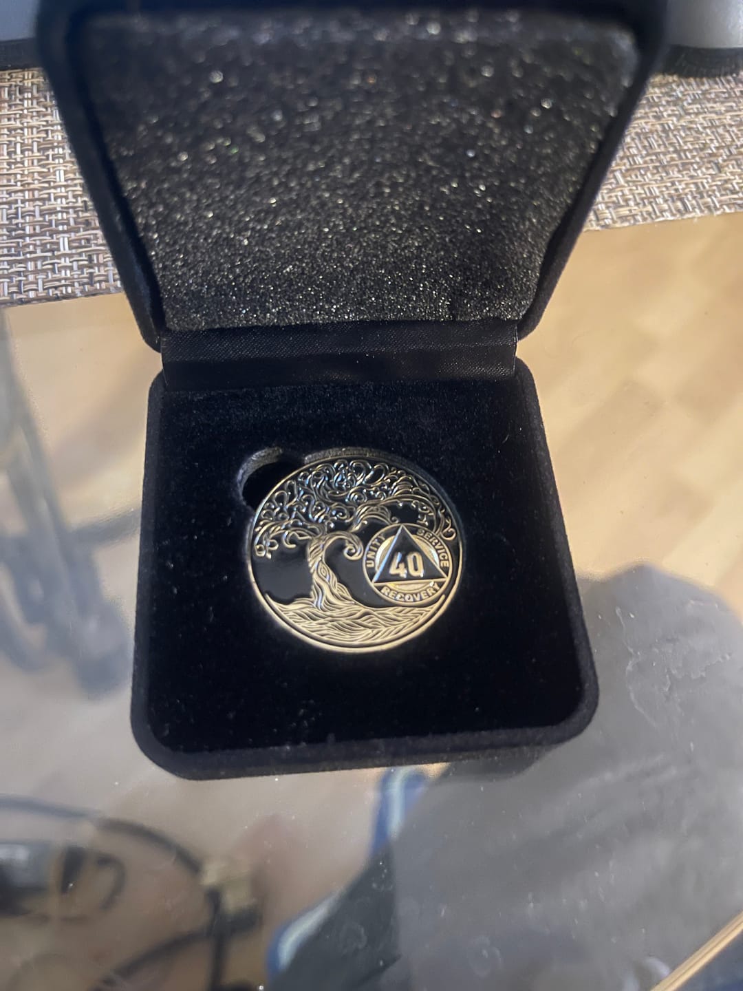 Customer photo review of 40 Year Sobriety Mint Twisted Tree of Life Gold Plated AA Recovery Medallion - Forty Year Chip/Coin - Black + Velvet Case