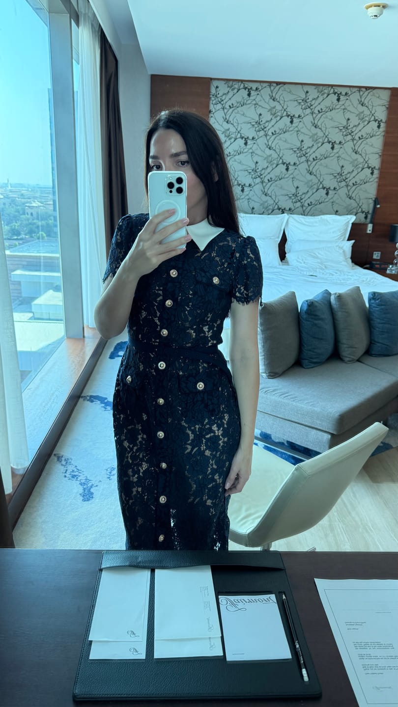 Customer photo review of Floral Lace Midi Dress with Tailored Collar and Belted Waist - Navy