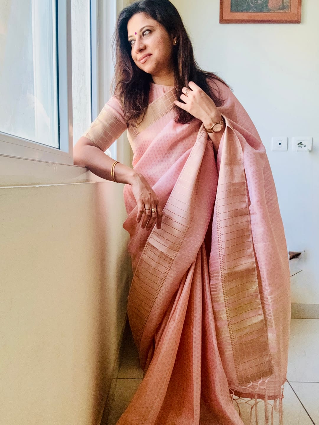 Customer photo review of Shilo Pink Zari Woven Chanderi Banarasi Saree