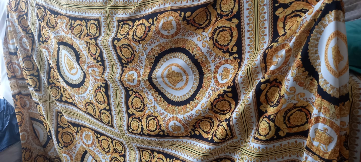 Customer photo review of Luxurious Baroque Medusa Pattern Fabric in Black and Gold – Custom Printed Fabric on Satin, Crepe, Spandex or Chiffon