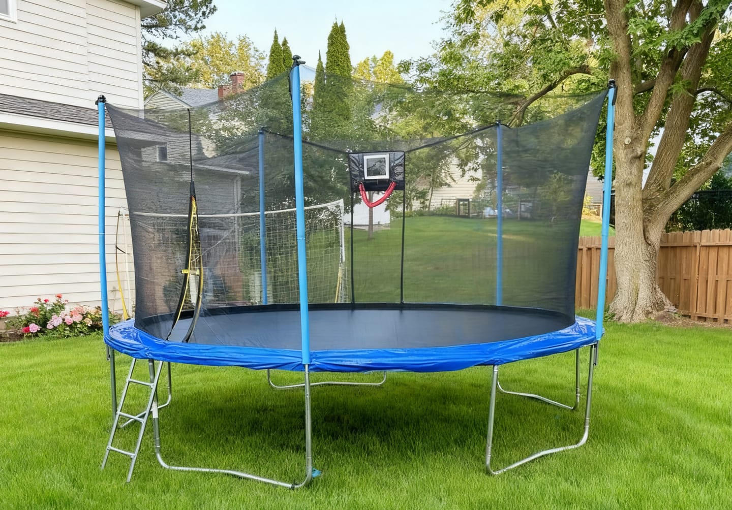 Customer photo review of 14FT Blue Soft Backboard Trampoline for Family with Safety Net&Ladder