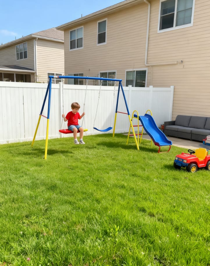 Customer photo review of Mersco Swing Set for Backyard with Slide, Swing Heavy Duty 440lbs Metal Outdoor Swing Stand, Contain 1 Saucer 32" & 1 Belt Seat 26.2" &Slide for Playground, Backyard Playset