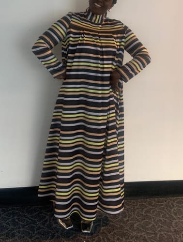 Customer photo review of Long Sleeves Loose Multi-Colored Pleated Striped High Neck Maxi Dresses