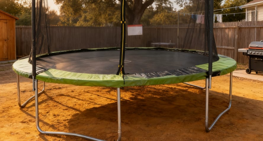 Customer photo review of Mersco 14ft Heavy Duty Outdoor Trampoline for Kids, Backyard Trampoline with Basketball Hoop and Enclosure Net, Loading 1320 lbs,Green