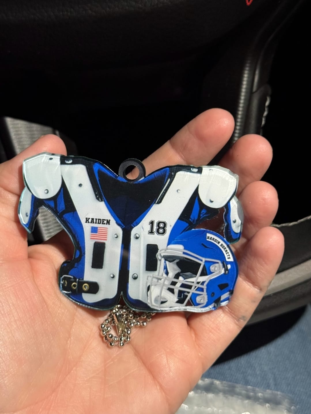 Customer photo review of American Football Shoulder Pads and Helmet Personalized Ornament