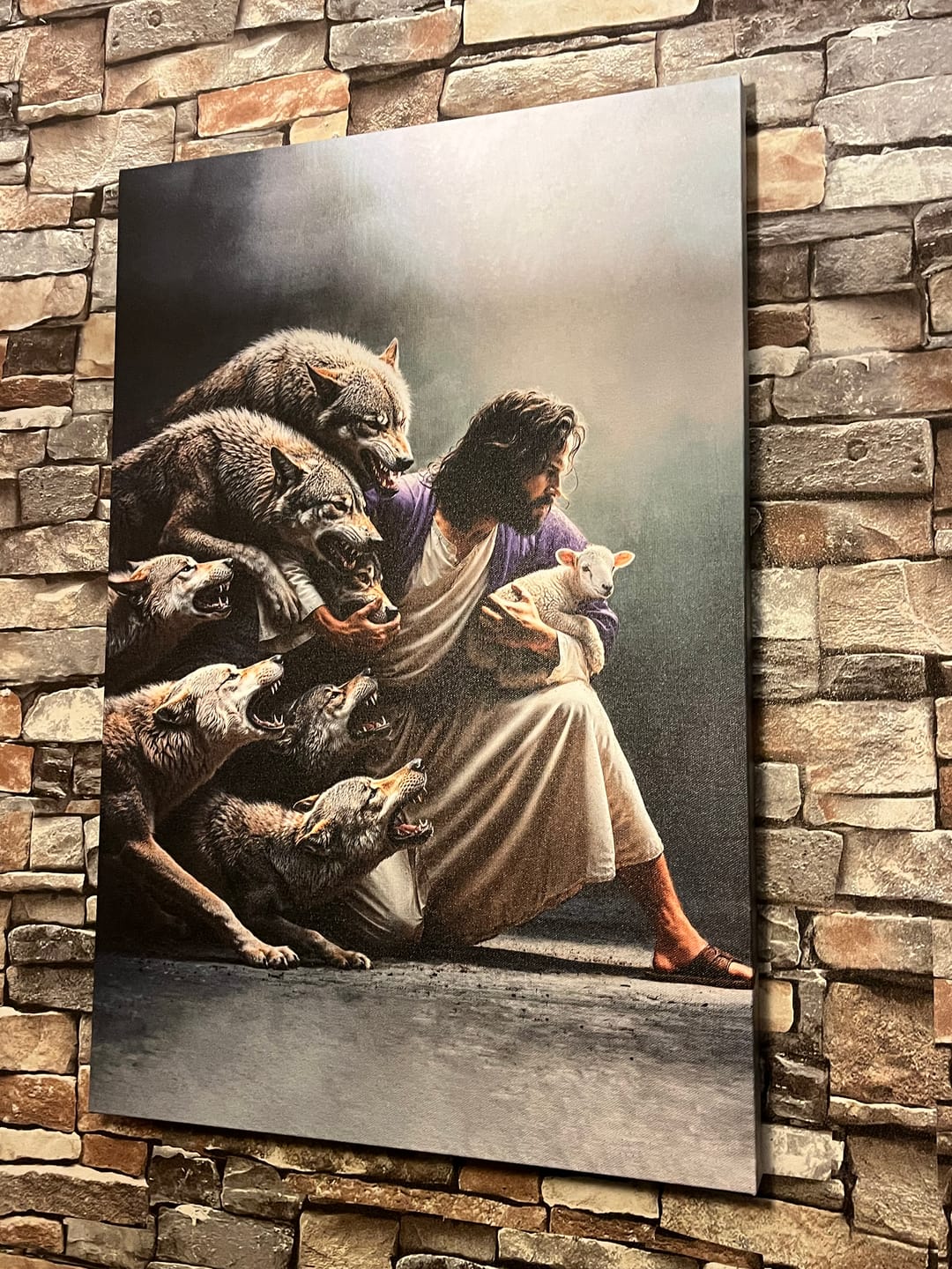 Customer photo review of Jesus Protects The Lamb From Wolves Wall Art Canvas
