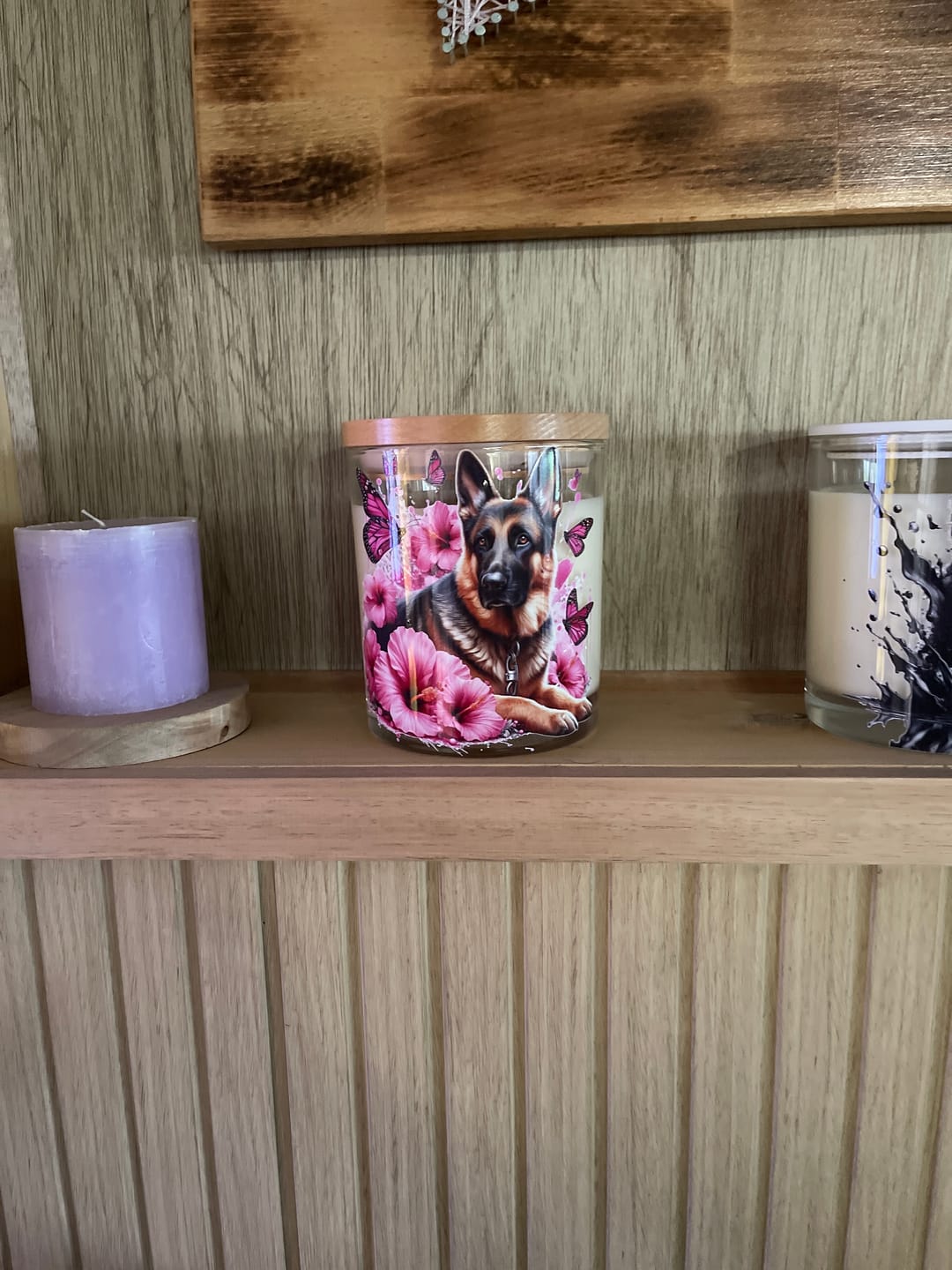 Customer photo review of German Shepherd Laying Down Pink Xlarge Candle