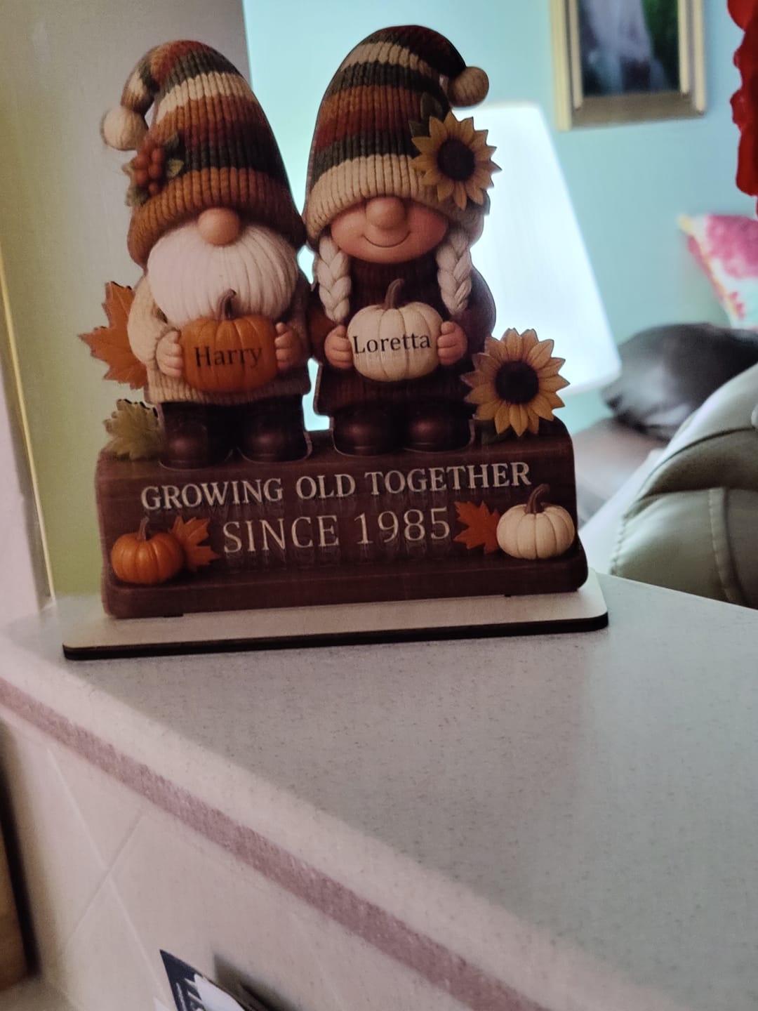 Customer photo review of Personalized "Growing Old Together" Gnome Plaque With Couple Names & Sunflowers Pumpkins Autumn's Warm Charm For Couple Gift For Grandparent