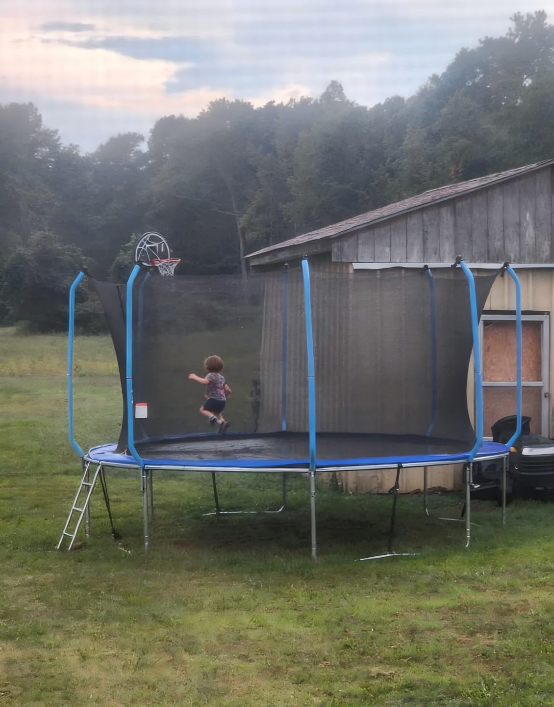 Customer photo review of 14FT Blue Recreational Trampolines for Kids With Ladder&Hoop