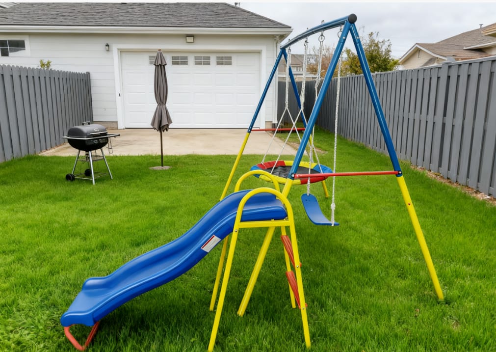 Customer photo review of Mersco Swing Set for Backyard with Slide, Swing Heavy Duty 440lbs Metal Outdoor Swing Stand, Contain 1 Saucer 32" & 1 Belt Seat 26.2" &Slide for Playground, Backyard Playset