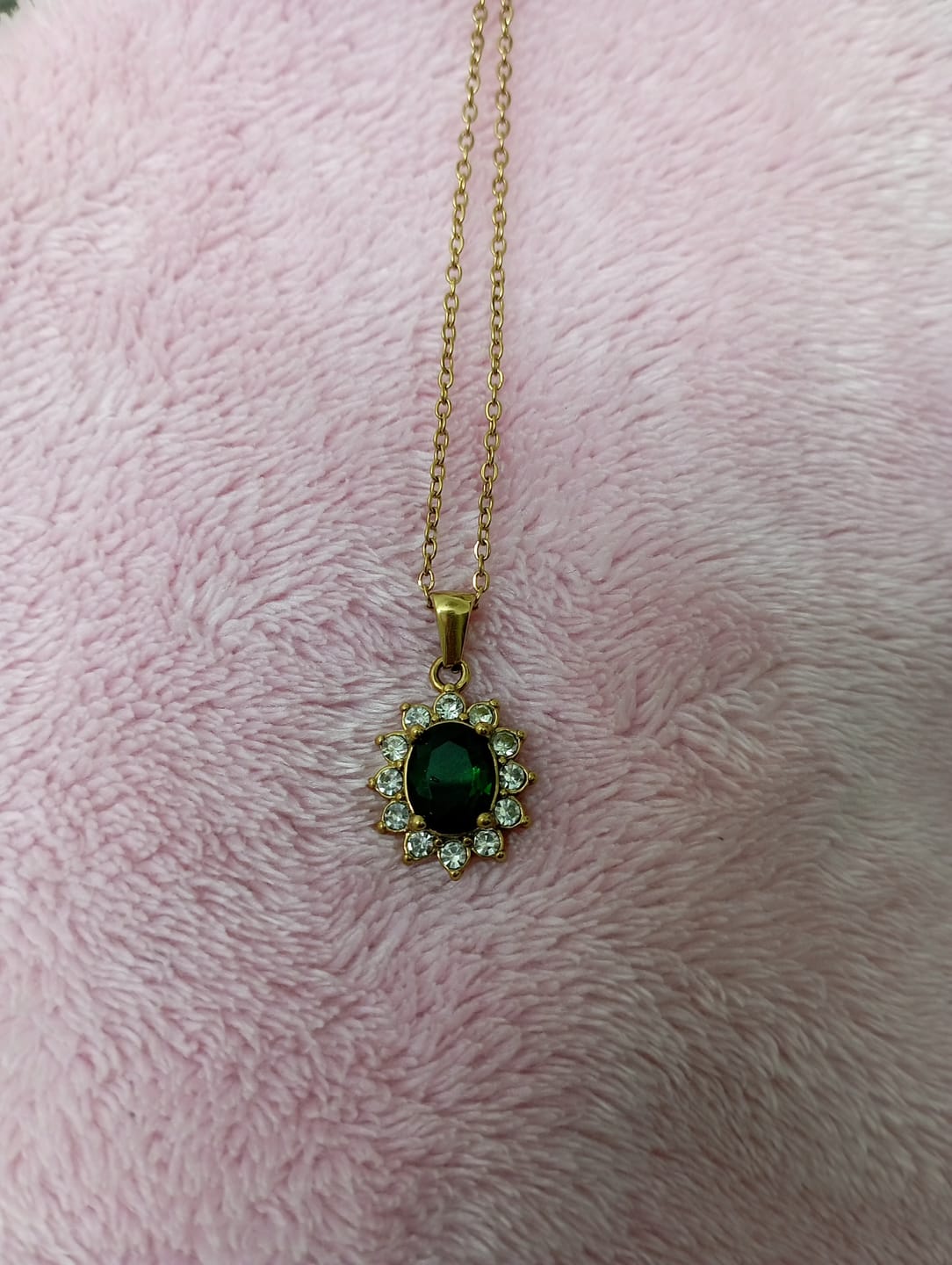 Customer photo review of Green Sapphire and Diamond Halo Pendant