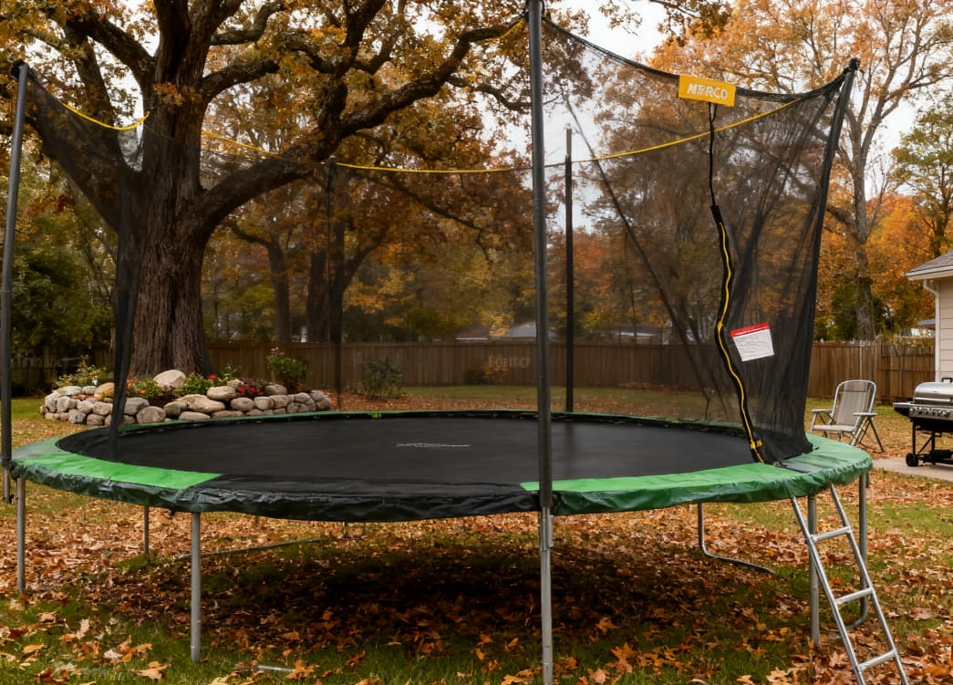 Customer photo review of Mersco 14ft Heavy Duty Outdoor Trampoline for Kids, Backyard Trampoline with Basketball Hoop and Enclosure Net, Loading 1320 lbs,Green