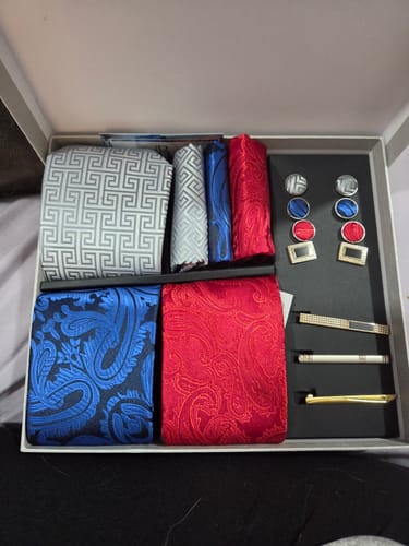 Customer photo review of Barry. Wang Blue Burgundy Silver Paisley Silk Wedding Necktie Pocket Square Gift Box Set