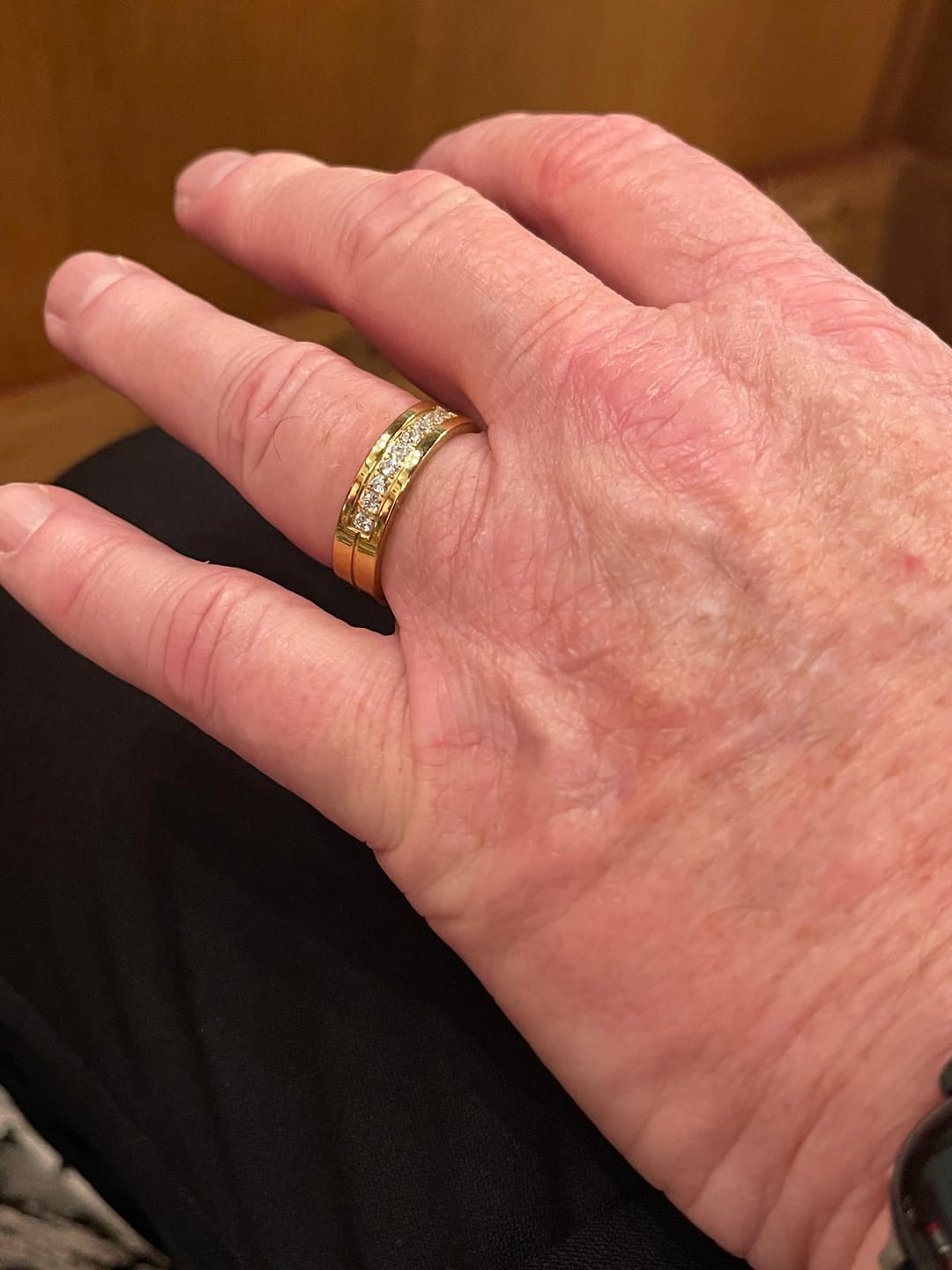 Customer photo review of Gold Titanium Wedding Band W/ 9 CZ Diamond Inlay High Polish 6mm