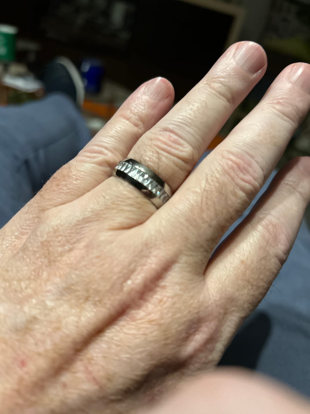 Customer photo review of 8mm - Silver Titanium Wedding Band W/ 7 Ct CZs Diamond Emerald Cut Inlay