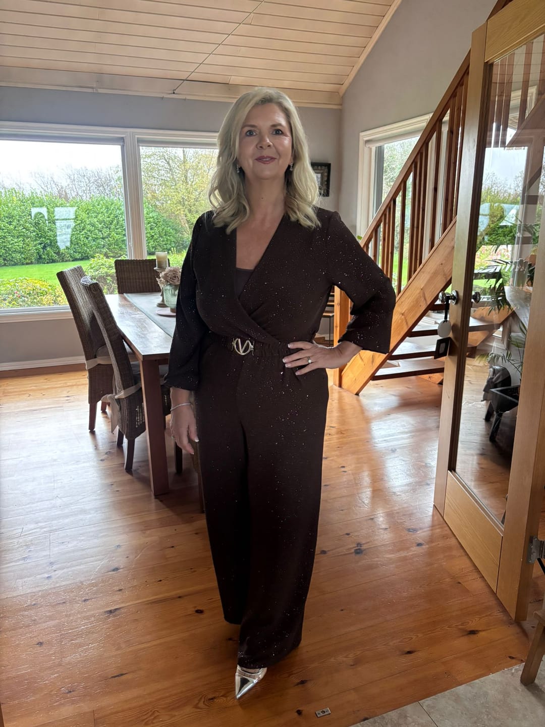 Customer photo review of Honor Brown Wrap Jumpsuit