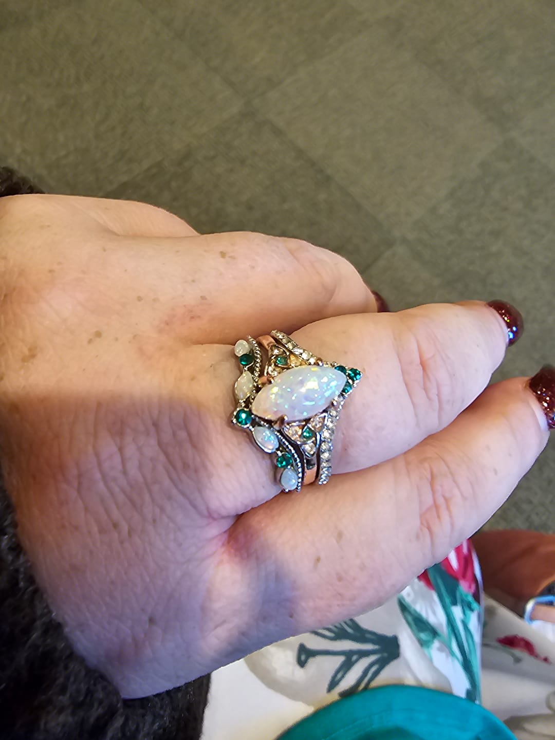 Customer photo review of FREE Today: Vintage Milgrain Marquise Opal and Emerald Three-Piece Ring Set