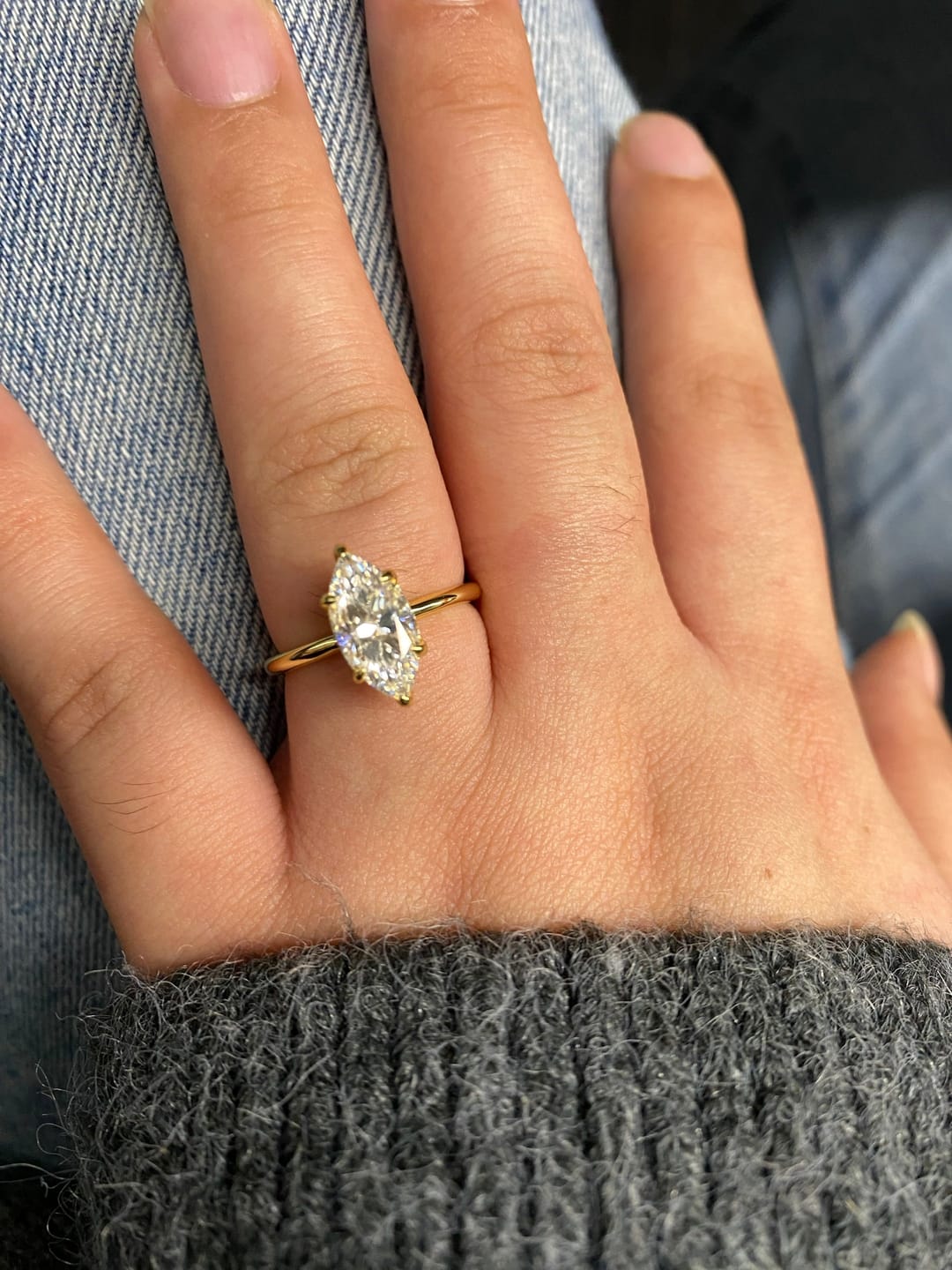 Customer photo review of S925 Moissanite 2.0 Ct/1.0Ct Marquise Cut Solitaire Yellow Gold Promise Ring For Women