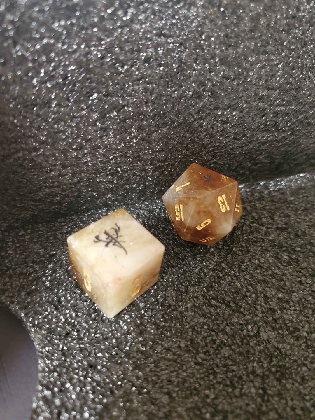Customer photo review of URWizards Custom font style for dice, Custom initial on Dice, Dnd Natural Gemstone Dice MTG Game