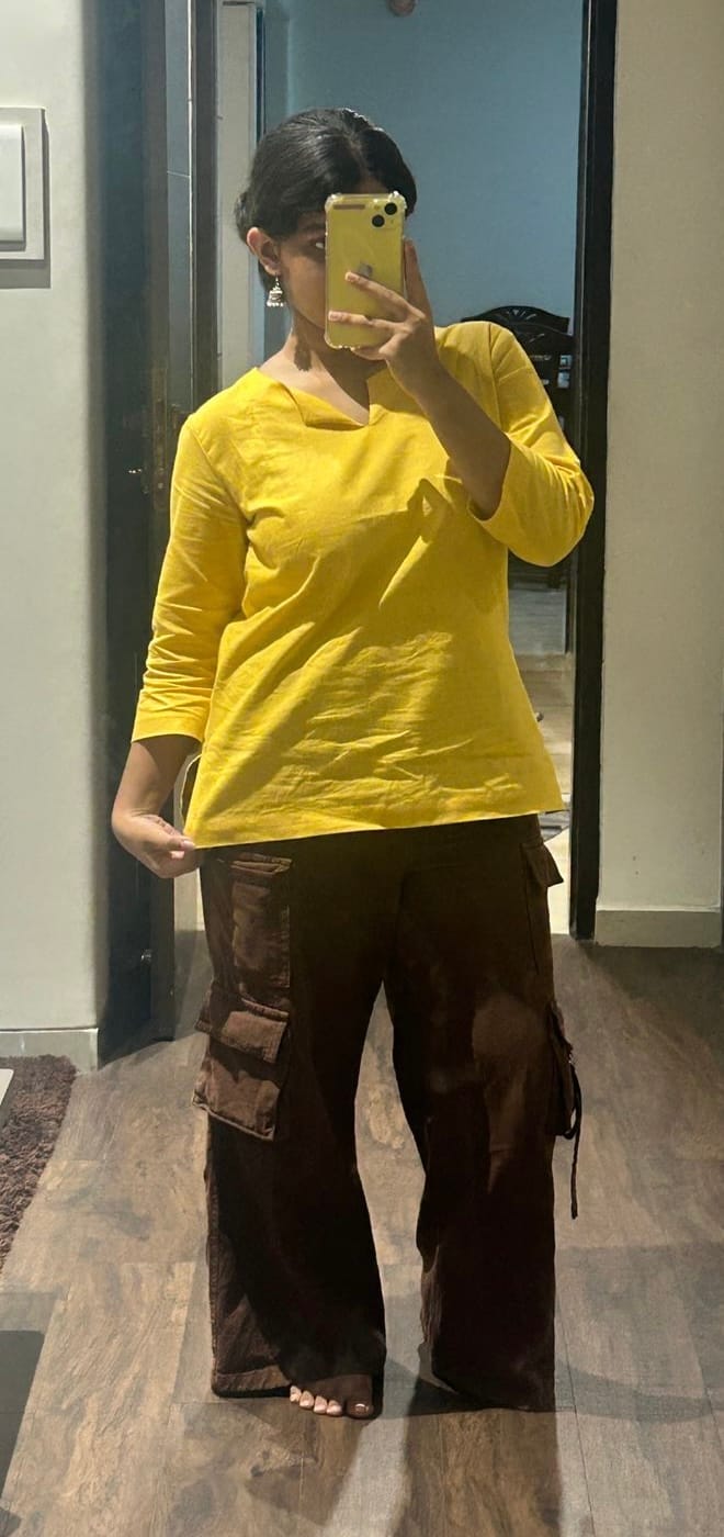 Customer photo review of Women Yellow Airy Linen Split Neck Short Kurta