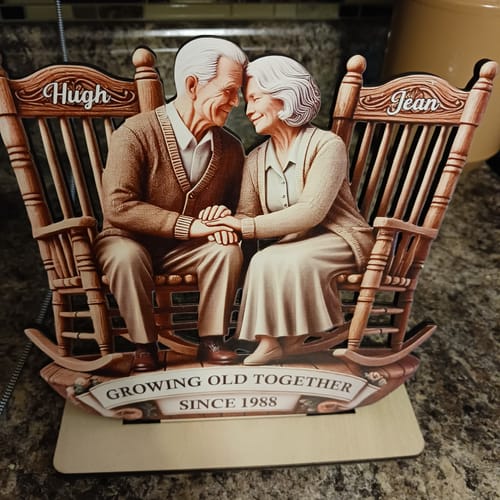 Customer photo review of Old Couple Sitting On Rocking Chairs Together - Personalized Standing Wooden Plaque