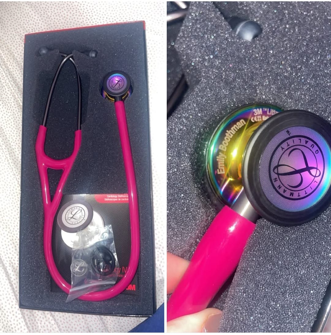 Customer photo review of Littmann Cardiology IV Diagnostic Stethoscope: Polished Rainbow & Raspberry - Smoke Stem 6241