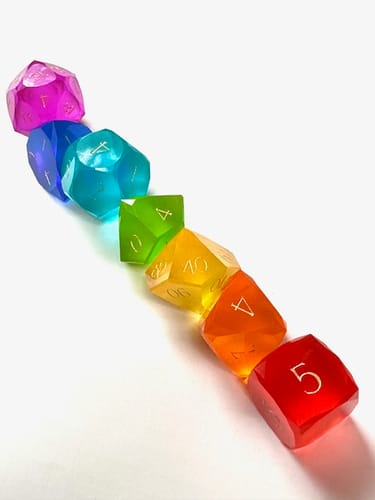 Customer photo review of URWizards D&D Resin Rainbow Candy Engraved Dice Set Multi-faceted Style