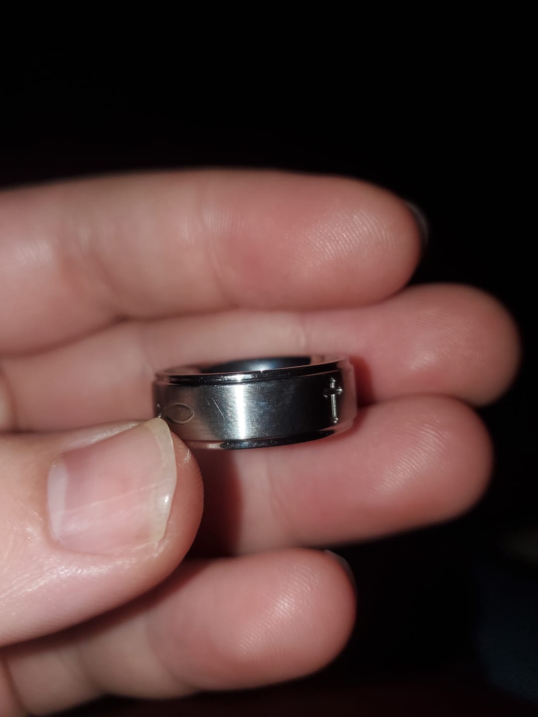 Customer photo review of Christian Wedding Band Titanium - Cross & Fish