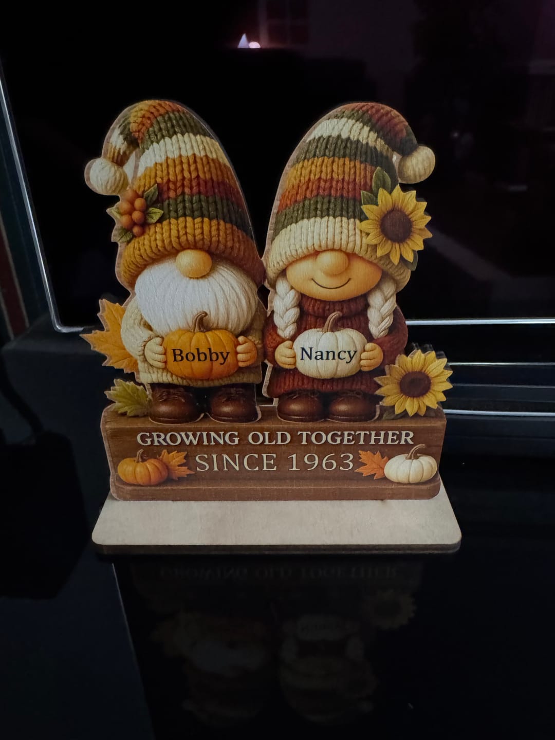 Customer photo review of Personalized "Growing Old Together" Gnome Plaque With Couple Names & Sunflowers Pumpkins Autumn's Warm Charm For Couple Gift For Grandparent