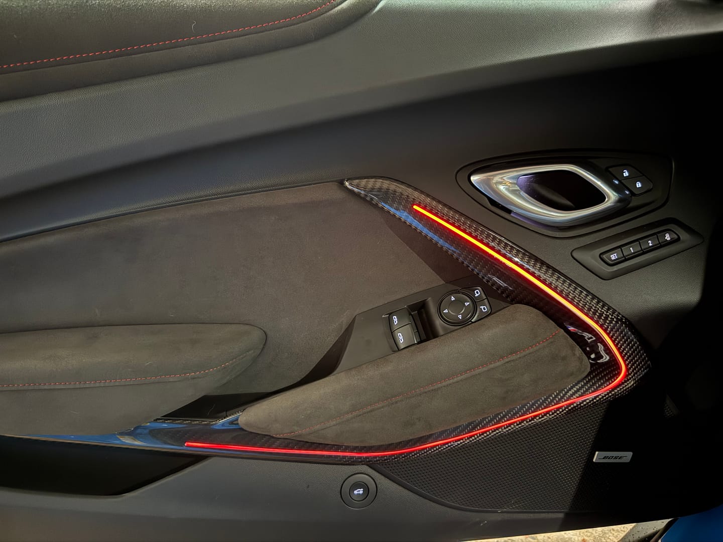 Customer photo review of 2016-2024 Camaro Real Carbon Fiber Interior Door Panel Chrome Trim Cover
