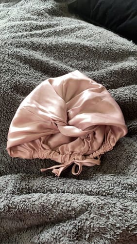 Customer photo review of Pink Mulberry Silk Hair Bonnet – Double-Lined, Adjustable Fit