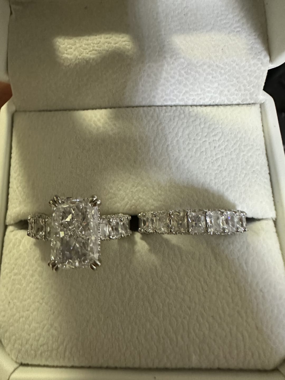 Customer photo review of Glistening-hued Radiant Cut 5.0ct Pave 925 Sterling Silver Wedding Ring Set