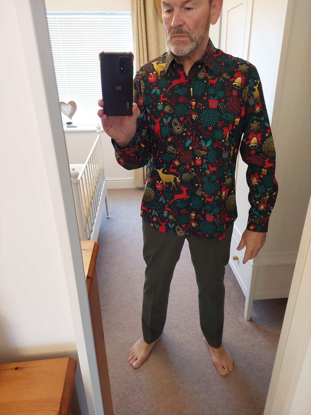 Customer photo review of Men's Vintage Christmas reindeer Printed Holiday Long Sleeve Shirt