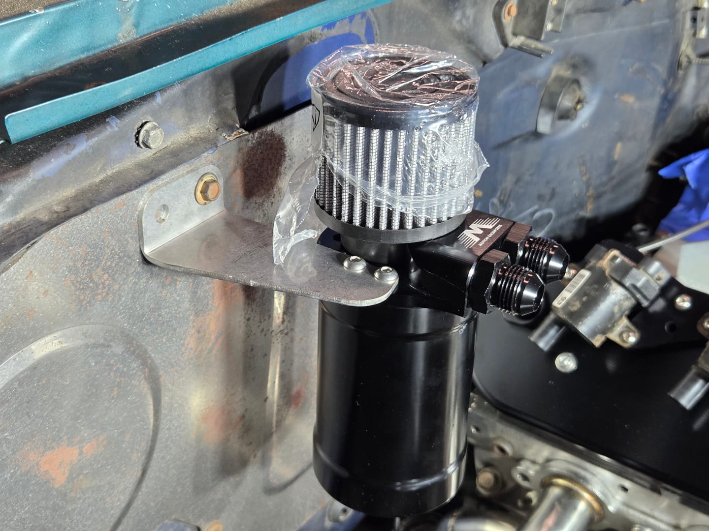 Customer photo review of Top Loader Billet Internally Baffled Oil Catch Can (Dual 10AN Port)