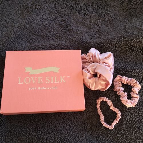 Customer photo review of Silk Scrunchies Trio - Sweet Pink - Mini, Small, Medium